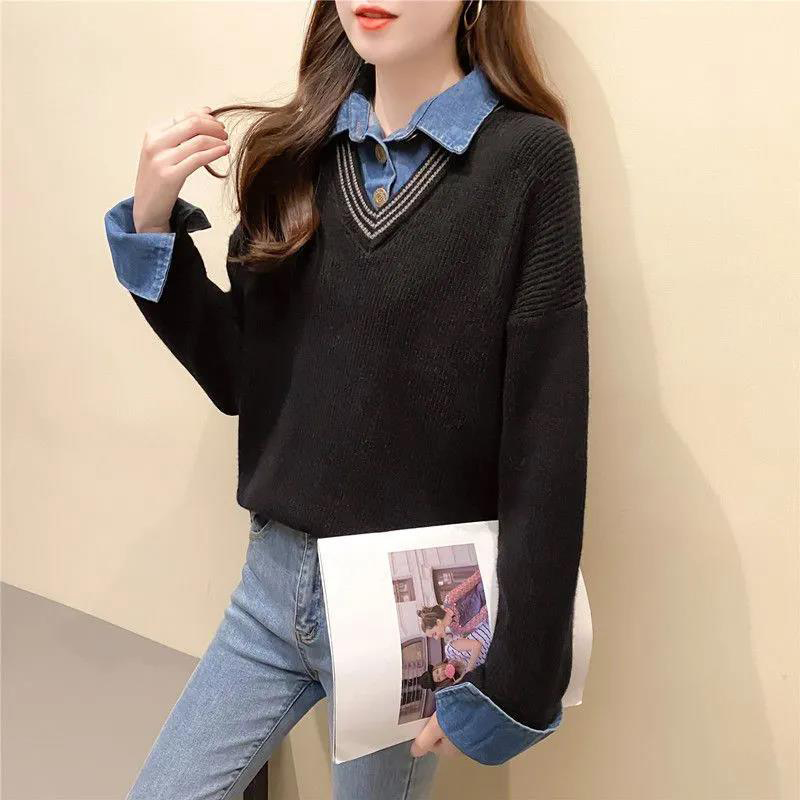 Autumn Winter Fake Two Piece Denim Spliced Casual Sweater Female Long Sleeve All-match Knitting Pullover Korean Style Jumper Top alx