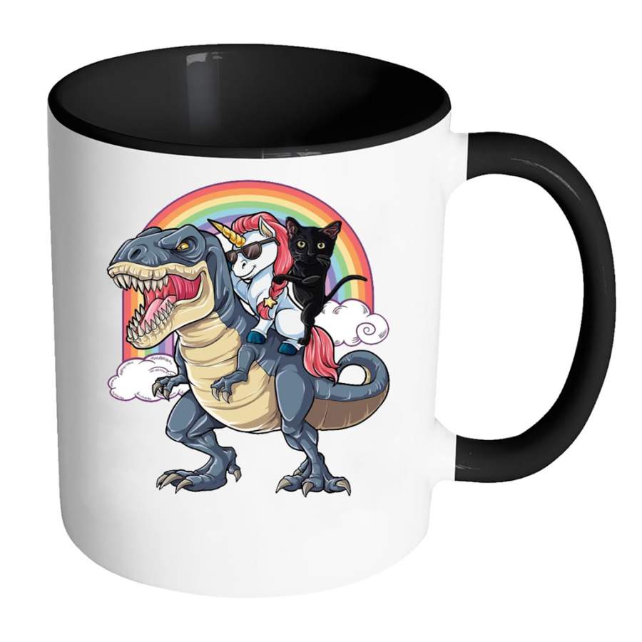 Unicorn and Black Cat Riding Dinosaur Rainbow – Full-Wrap Coffee Colors Accent Mug