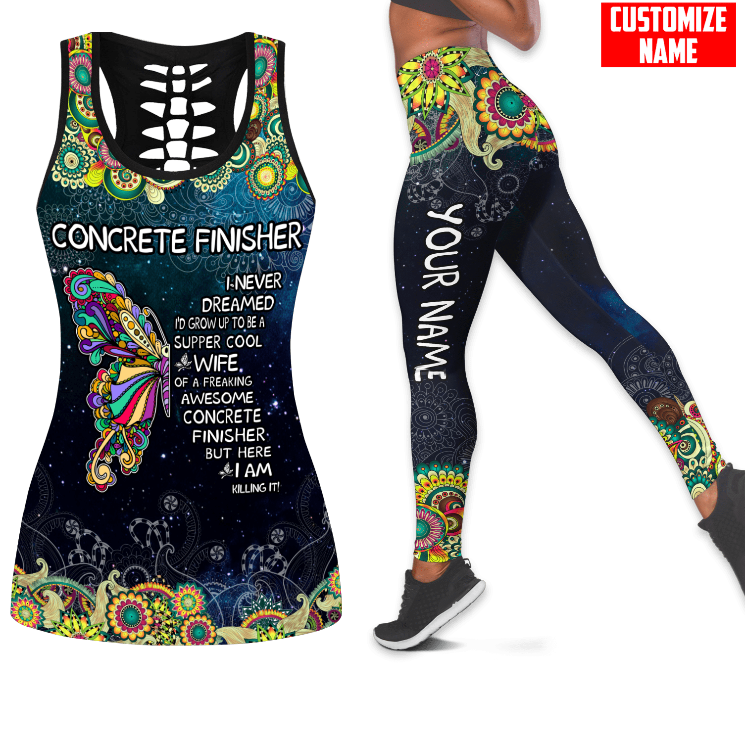 Wife Of Concrete Finisher Custom Name Butterfly Pattern Combo Legging Hollow Tank