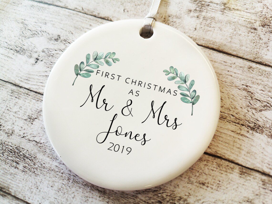 Personalizedfirst Christmas As Mr & Mrs Christmas Tree Decoration Ornament With Botanical Greenery