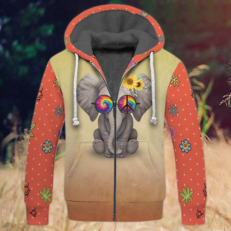 Hippie Elephant Peace And Love 3D Full Print Fleece Zipper