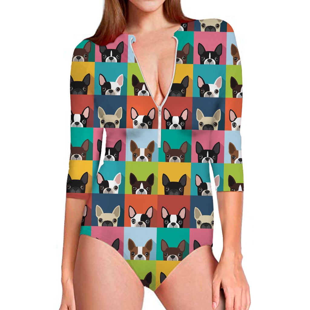 Boston Terrier Puppy Faces Print Long Sleeve One Piece Swimsuit