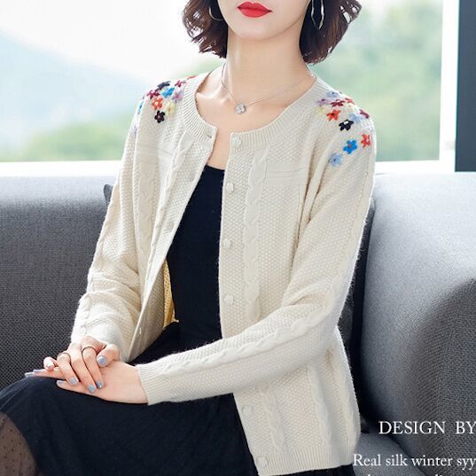 Autumn Winter Ladies Round Neck Cardigan Button Sweater Female Embroidery Loose Sweater Floral Knit Spring Spring Autumn XXXL alx