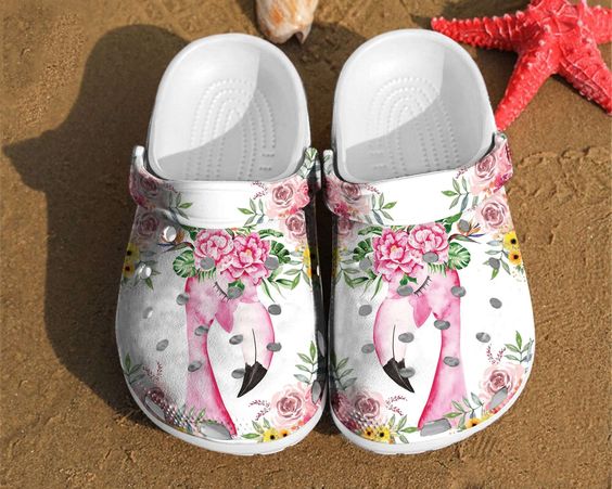 Crocss Classic Flamigo & Flower White/Pink, Lightweight, Clog Shoes For Men Women Kids