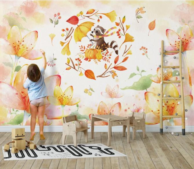 3D Nordic Simplicity Cartoon Flowers Animals Wall Mural Wallpaperpe 411