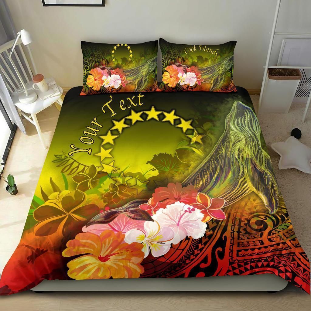 Alohawaii Bedding Set – Cover And Pillow Cases Cook Islands Custom Personalised  – Humpback Whale With Tropical Flowers (Yellow)- Bn18