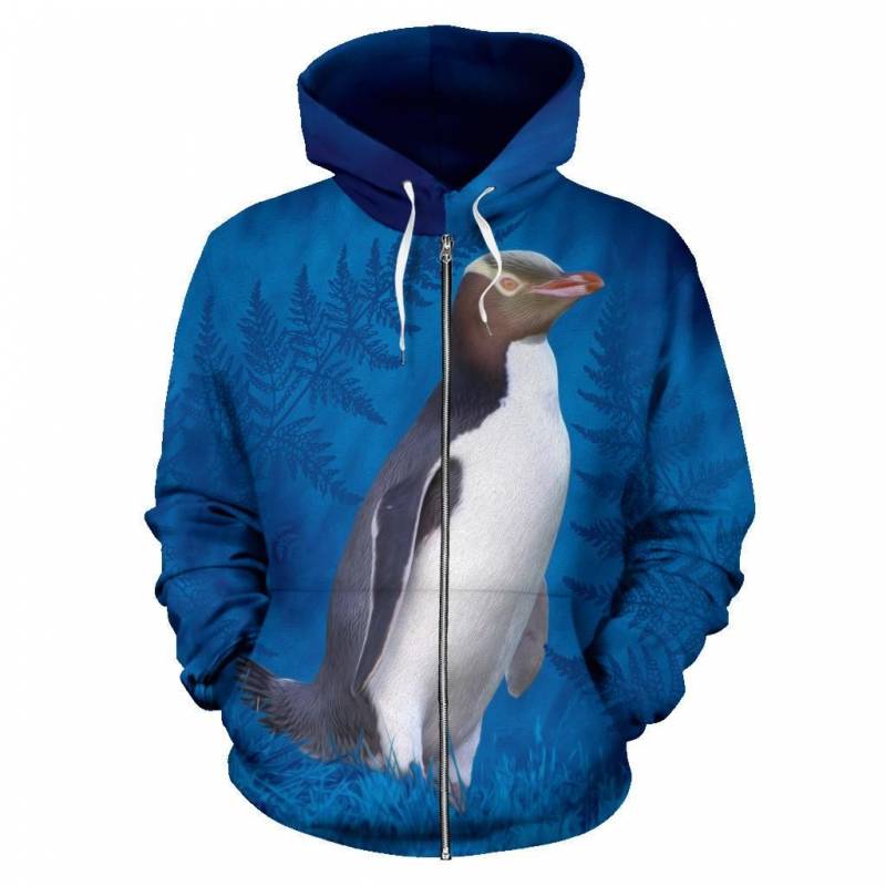 New Zealand Bird Zip Up Hoodie, Hoiho Yellow Eyed Penguin Zipper Hoodie K4