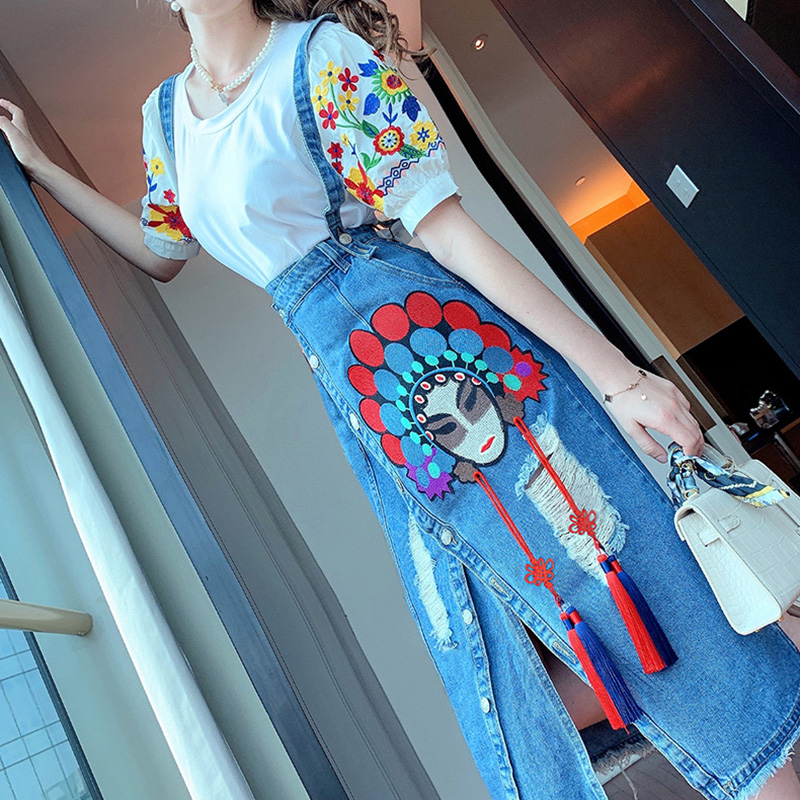 Summer New Chinese Style Exquisite Embroidery Two piece set Women Puff sleeve White Blouse and Denim Suspender Dresses Sets alx