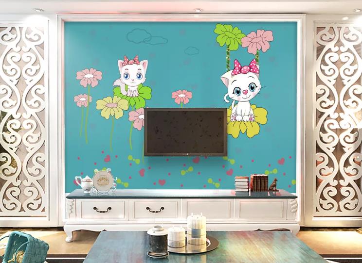 3D Cartoon Animal Cat Floral Wall Mural Wallpaper Lqh 228