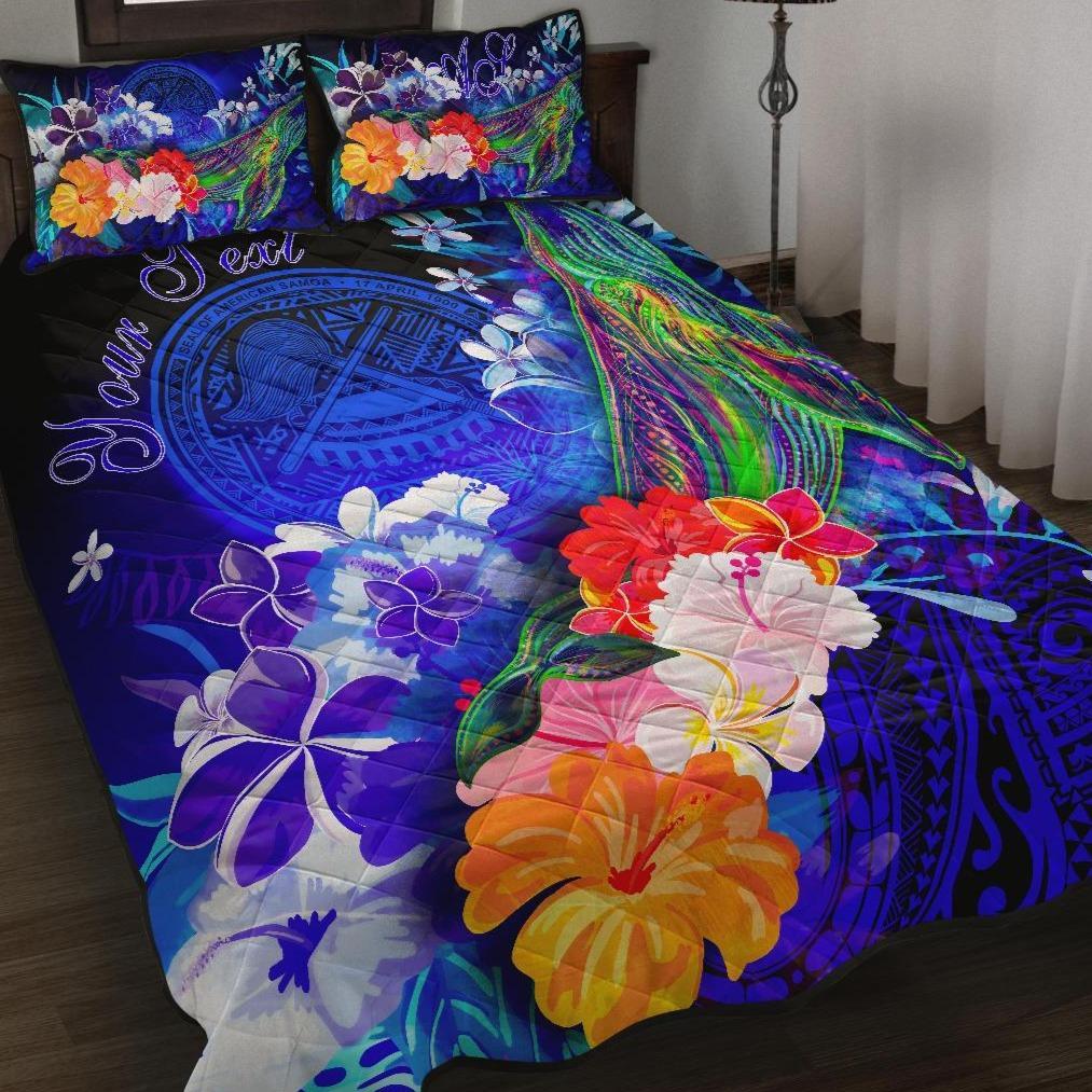 American Samoa Polynesian Custom Personalised Quilt Bed Set – Humpback Whale with Tropical Flowers (Blue) – BN18