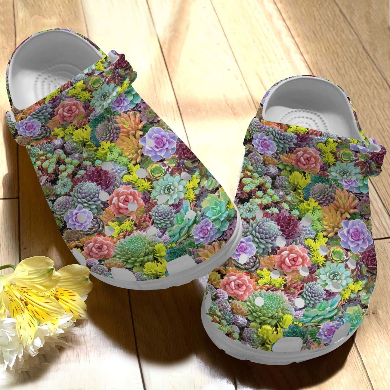 Succulent Personalize Clog, Custom Name, Text, Fashion Style For Women, Men, Kid, Print 3D Whitesole Sunny Succulents