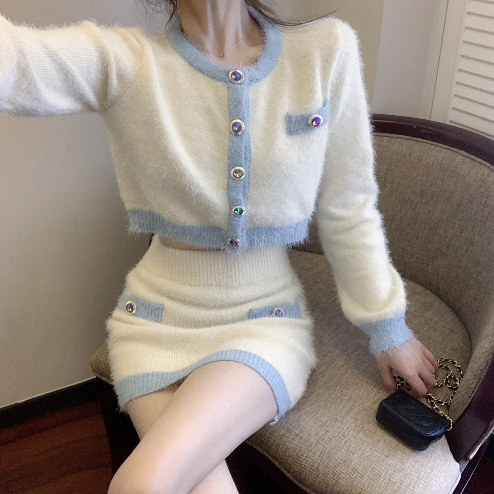 Women Knitting Gentle Contrast Color Cardigan Korea Single-breasted Button Knitted Sweater Package Hips Mini Skirt Two Piece Set alx