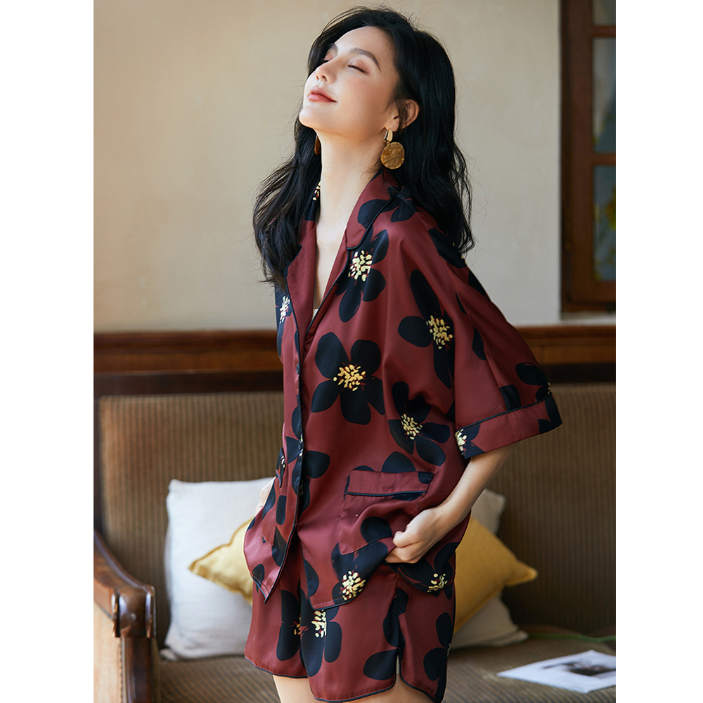 Summer Suit Plant Print Satin Pajamas Set Women’s Home Wear Long Sleeve Elastic Waist Temperament Sleepwear Two Piece Pajama Set alx