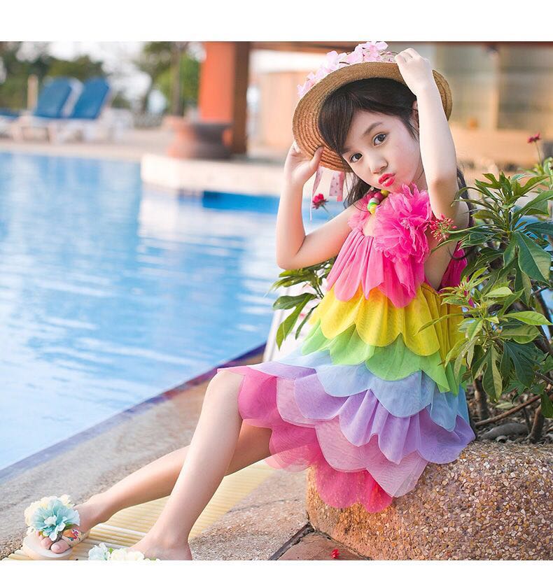 Summer Girls Rainbow Dress Sundress Kids Sling Dresses for Girl Teenager Party Princess Dress Carnival Costume Beach Clothing alx