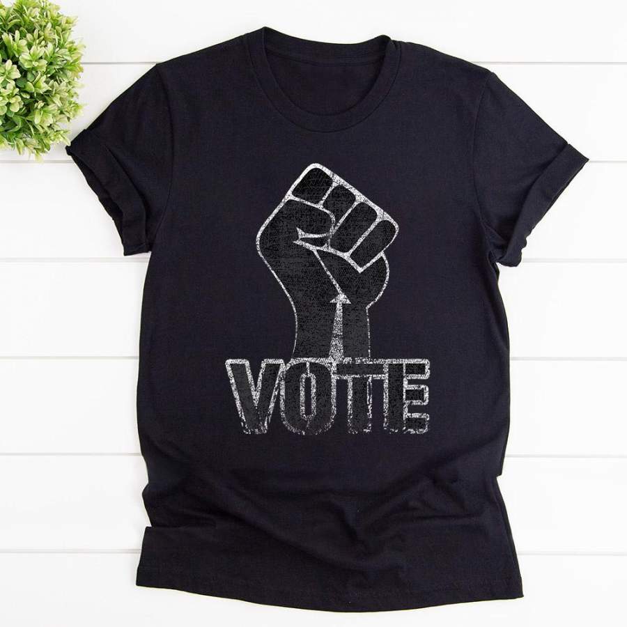 Womens vote with black lives matter raised fist hand black cotton t shirt for men and women S-6XL