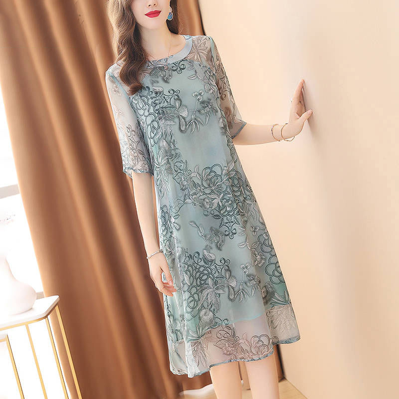 2021 New Fashion Elegant Women’s Chiffon Print Dress Female Casual Style Summer O-Neck Artificial Silk Dresses alx