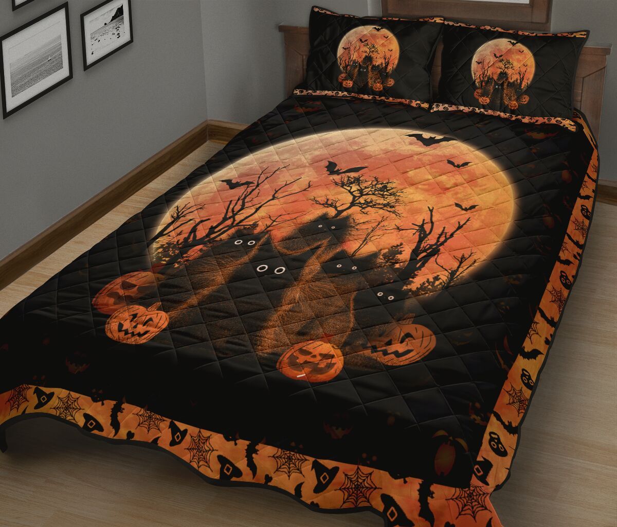 43DDTCT-BLACK CAT HALLOWEEN QUILT BED SET