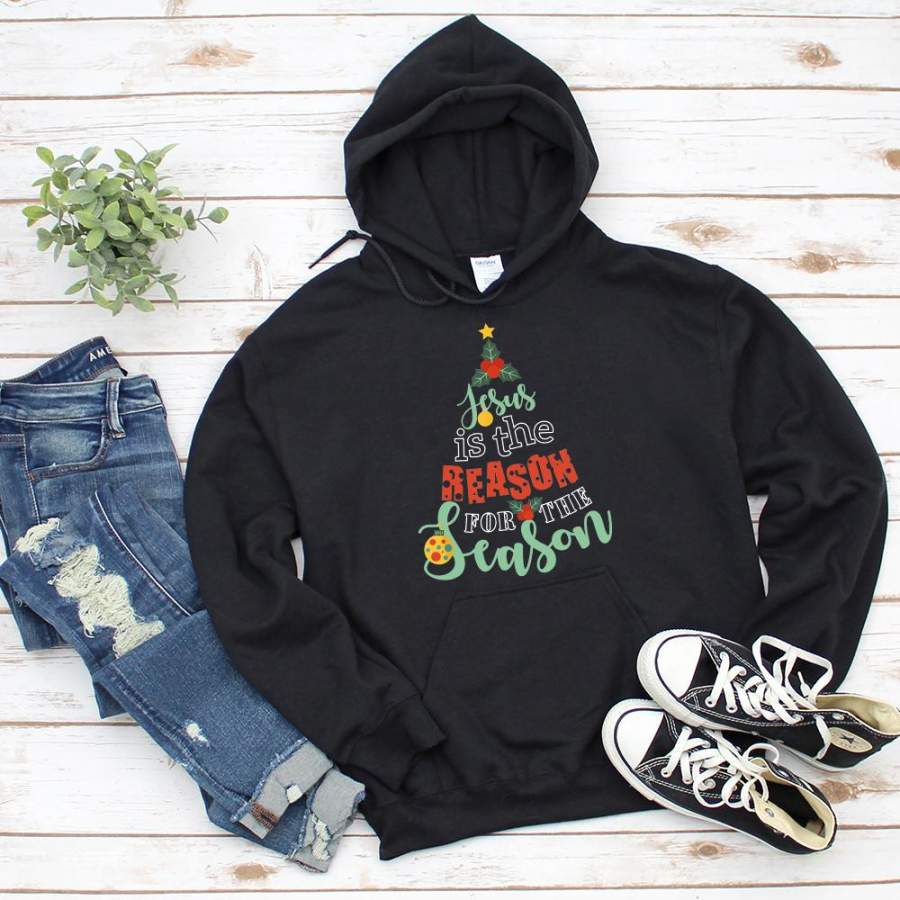 Jesus is the reason for the season christmas tree cute ornament merry xmas black hoodie for men and women S-5XL