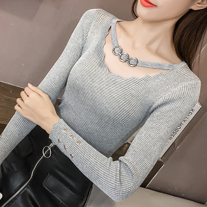 Autumn New V-neck Fashion Hollow Out V-neck Lady’s Sweater Long Sleeve OL Shine Knitted Sweater for Women Slim Basic Tops 10609 alx