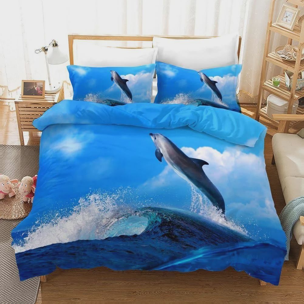 3d Blue Sea Dolphin Jumping On Water Cotton Bed Sheets Spread Comforter Duvet Cover Bedding Sets