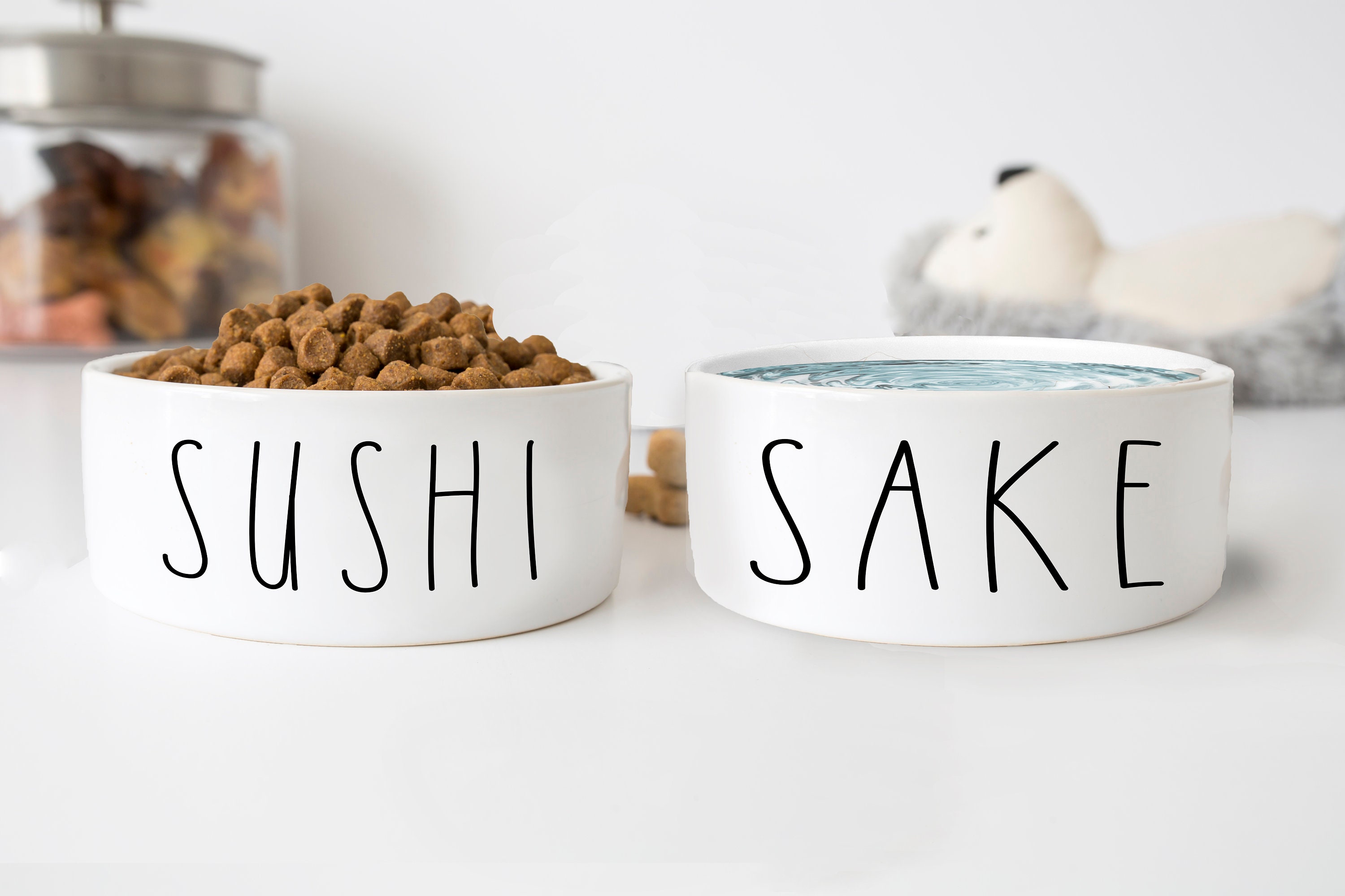 Sushi and Sake Dog Bowls Funny Dog Gift Pet Food Bowl No Spill Heavy Water Bowl Cat Bowls Personalized Dog Bowl Ceramic 6″ or 7″ White 1