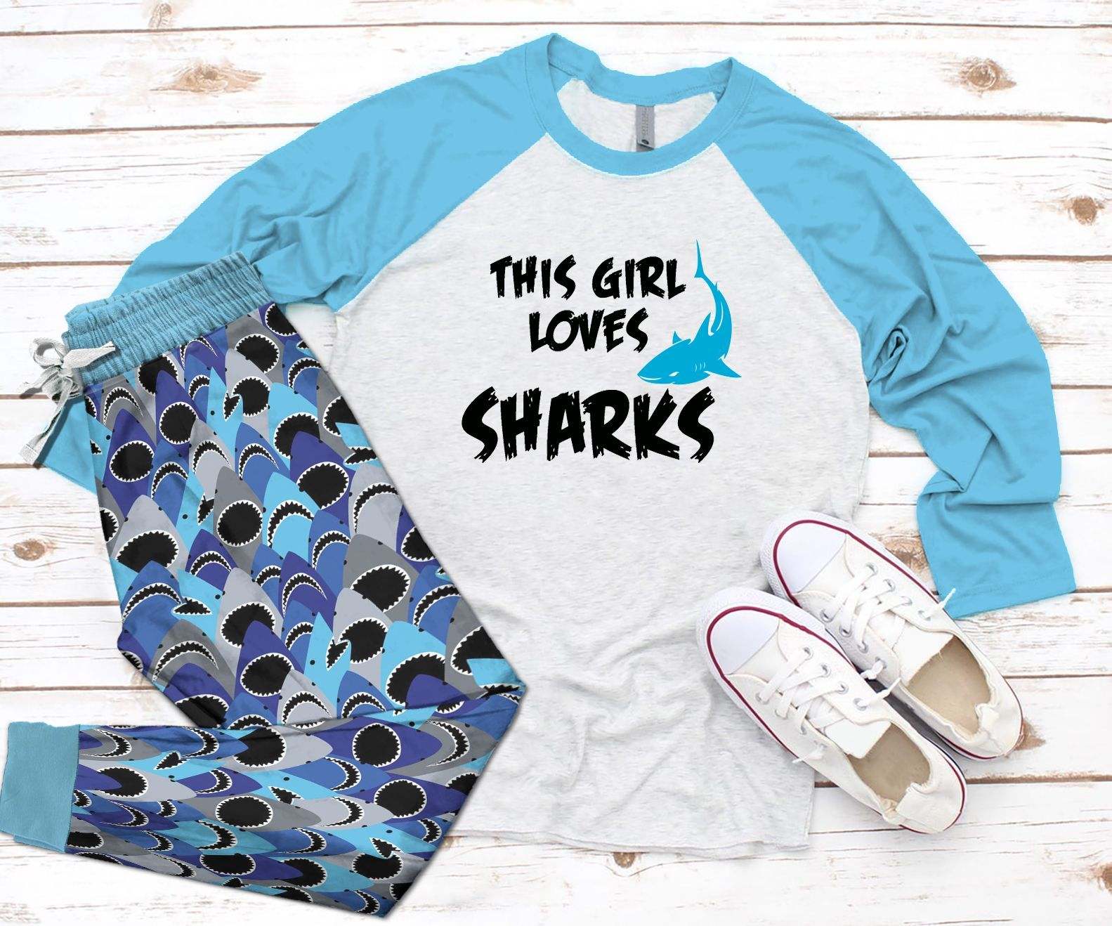 Shark DHC0501787TH Adult Raglan Shirt And Pajamas Pant Set Pjs Sleepwear For Women