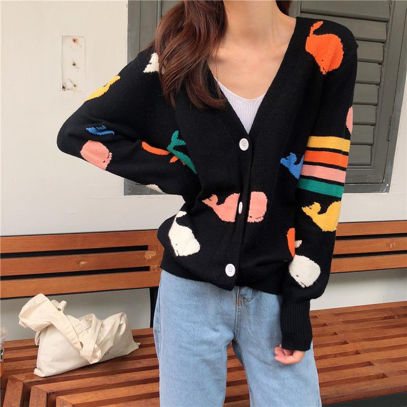 Whale Cartoon Printed Knitted Cardigan Sweater