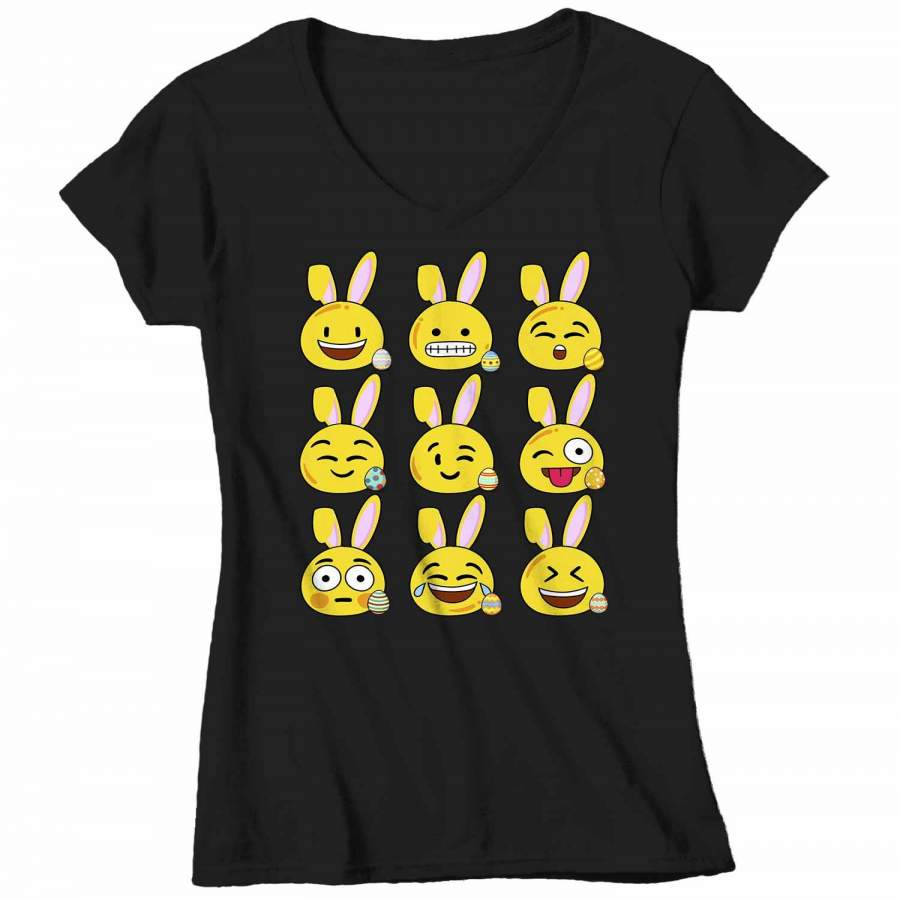 Women’s V-Neck Funny Easter T Shirt Easter Emoji  Shirt Funny Bunny Easter Shirt Bunny Emoji Shirt Cute Shirt