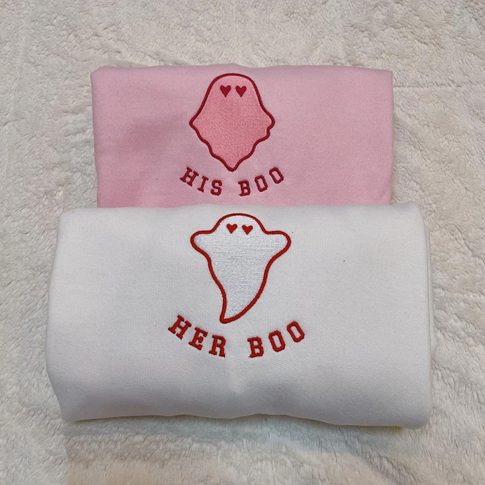 His Boo Her Boo Halloween Embroidered Sweatshirt 2D Crewneck Sweatshirt All Over Print Sweatshirt For Women Sweatshirt For Men Sws3710