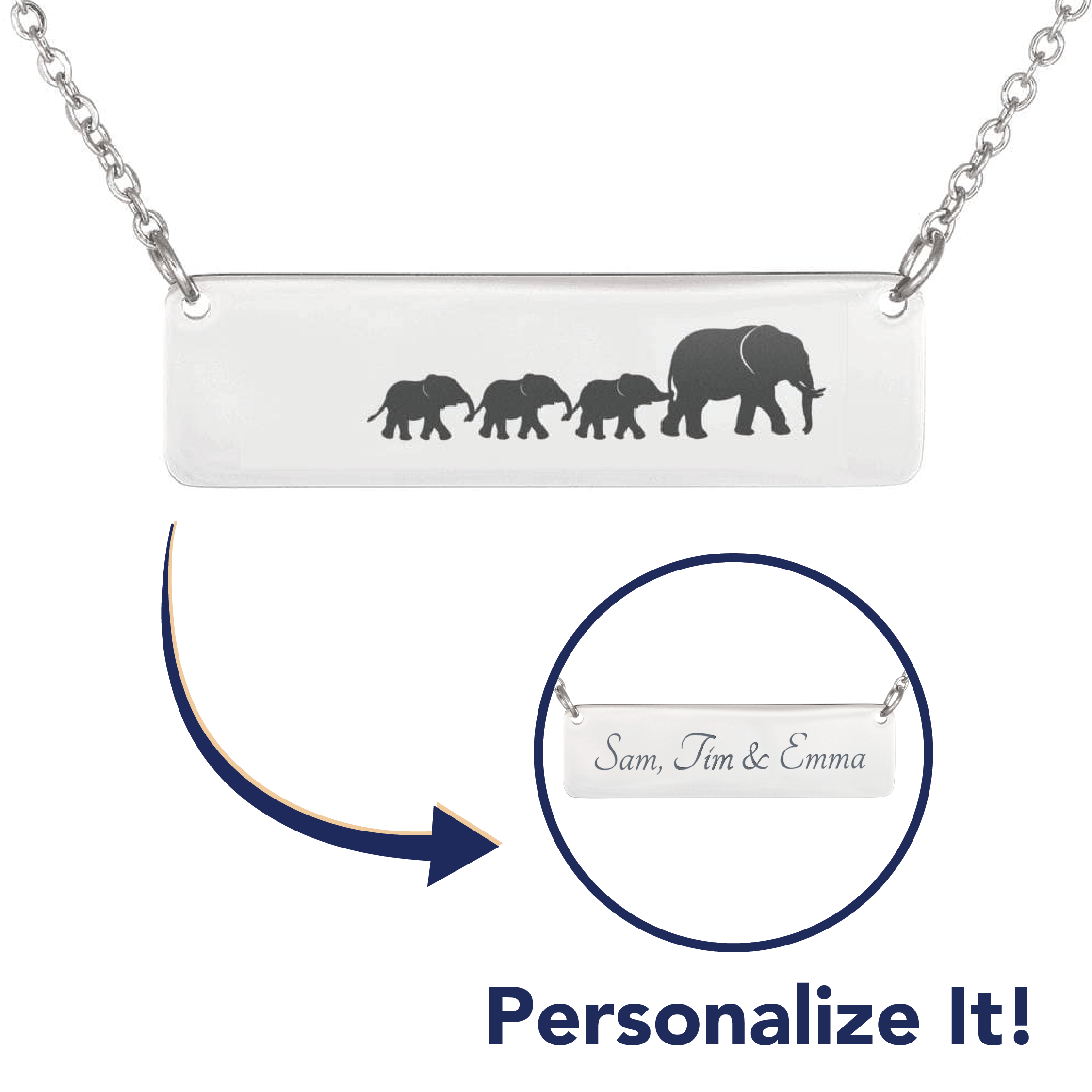 Mama Elephant – 3 Babies – Bar Necklace