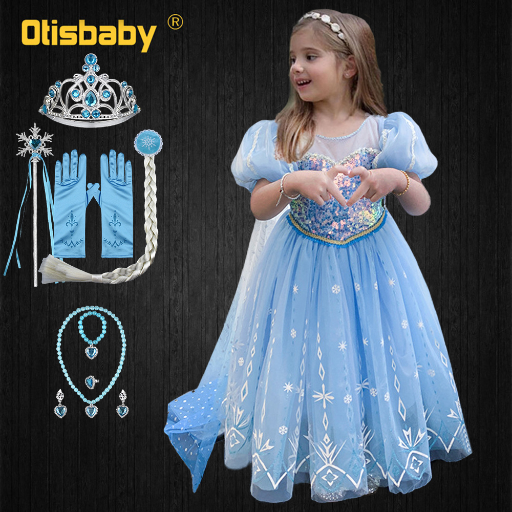 Birthday Gorgeous Big Puff Sleeve Princess Dresses with Long Tail Snow Queen Sequin Snowflake Dress Halloween Fairy Elsa Costume alx