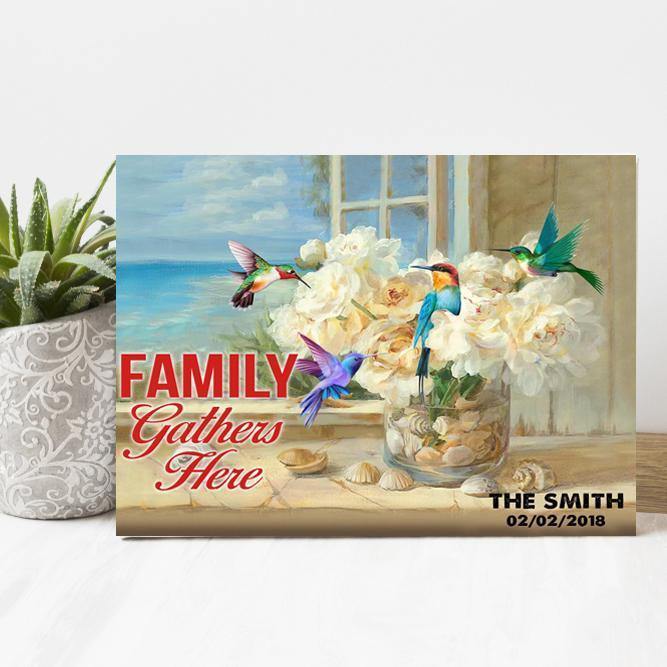 [Personalized Name & Date] Family Gathers Here Hummingbid Flowers Gift For Family Gift For Home Decorhorizontal Canvas