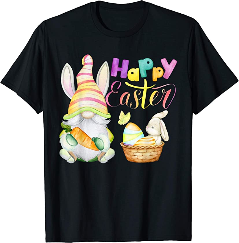 Cute Gnome & Bunny Rabbit Colorful Lettering Happy Easter T-Shirt