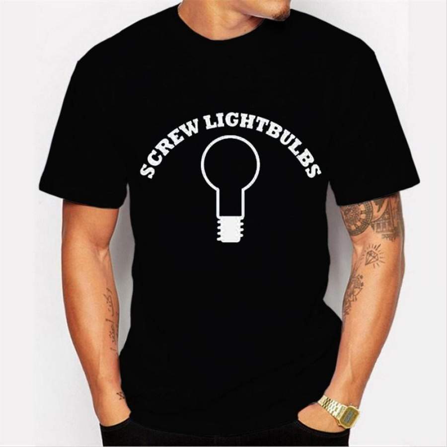 2017 New men’s casual high-quality fashion personalized bulb printed letters pattern short-sleeved men’s tee O-neck black T-shirt
