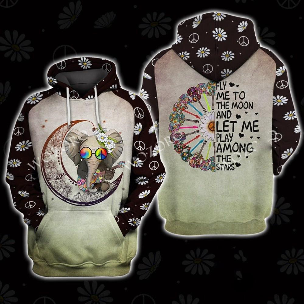 Hippie Fly Me To The Moon Elephant Unisex Hoodie Ch