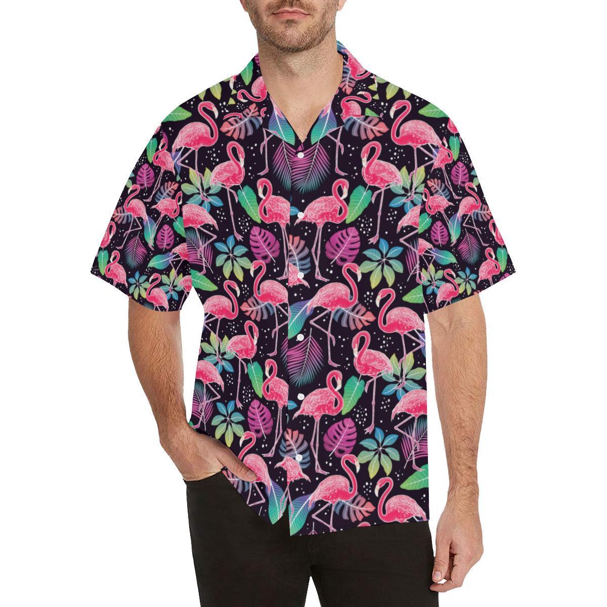 Flamingo Tropical Leaves Neon Print Hawaii Unisex Aloha Short Sleeve Casual Shirt Ha57211