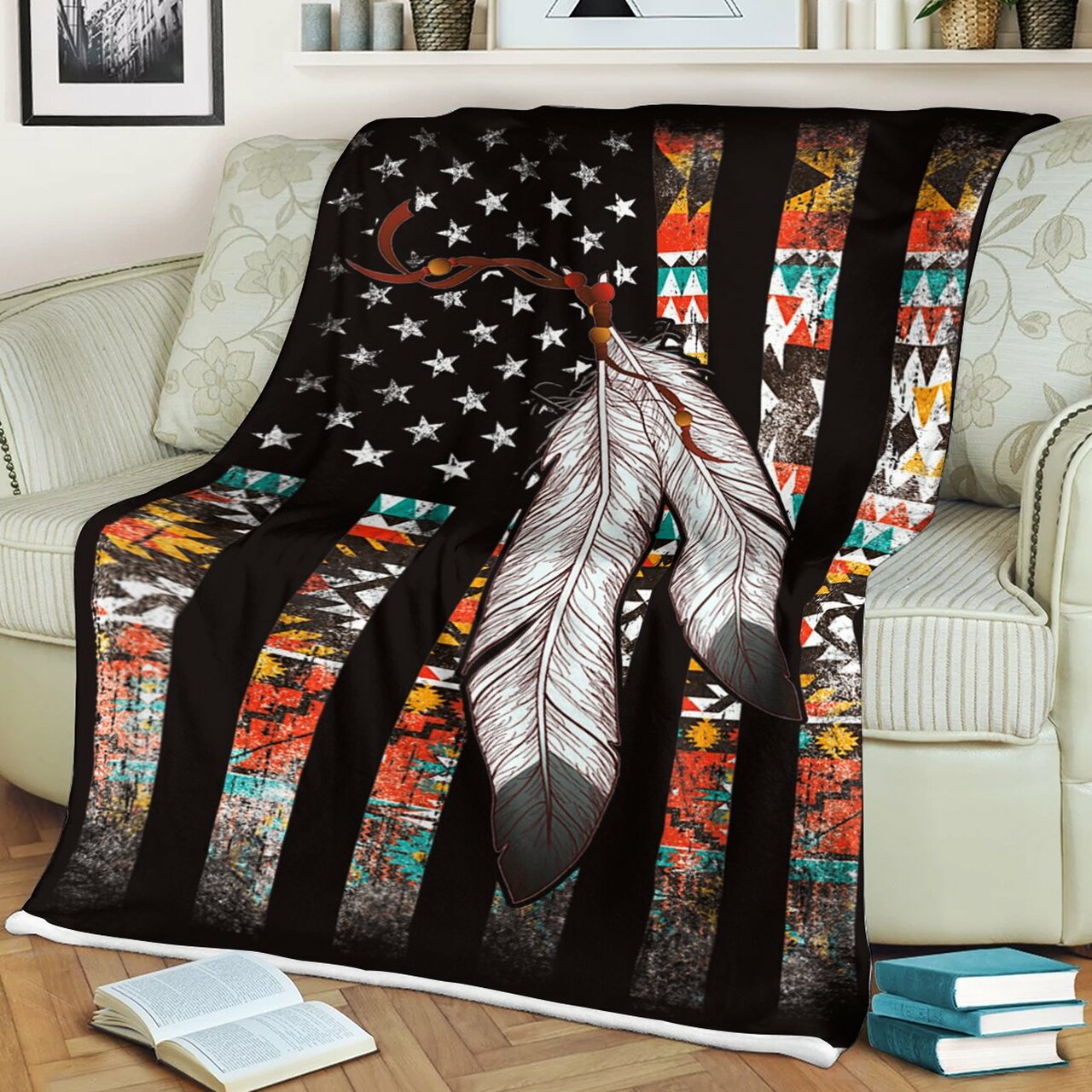 American Flag Native Tribe Feather Pride Blanket Gift For Friend Family Birthday Gift Home Decor Bedding Couch Sofa Soft And Comfy Cozy