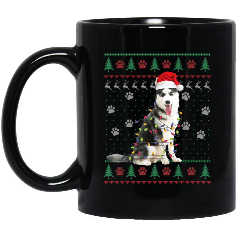 Siberian Husky Ugly Sweater Christmas Lights Funny Xmas  11 oz 15 oz Mug Black