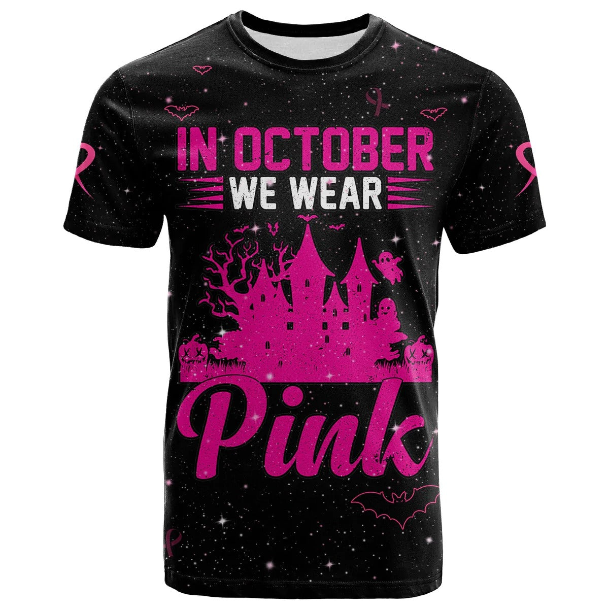 3D All Over Print Breast Cancer T Shirt In October We Wear Pink Halloween Castle Black