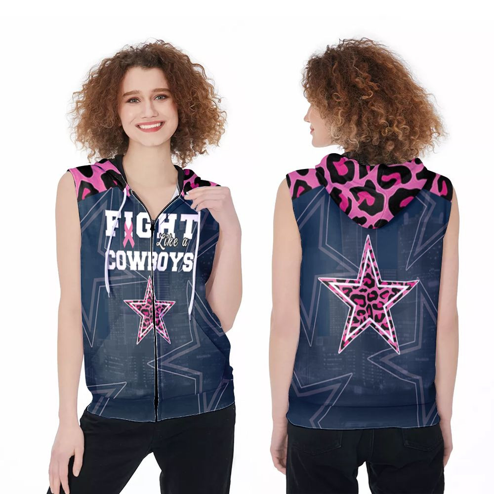 Dallas Cowboys Breast Cancer Warrior Fight Like A Cowboys Pink Leopard Pattern 3D Designed For Dallas Cowboys Fan Zip Sleeveless Hoodie