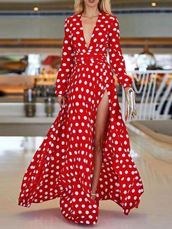 Boho Women Polk Dot Chiffon Dresses Sexy Deep V-Neck Split Long Sleeve Long Maxi Dress 2022 Spring Solid Beach Dresses alx