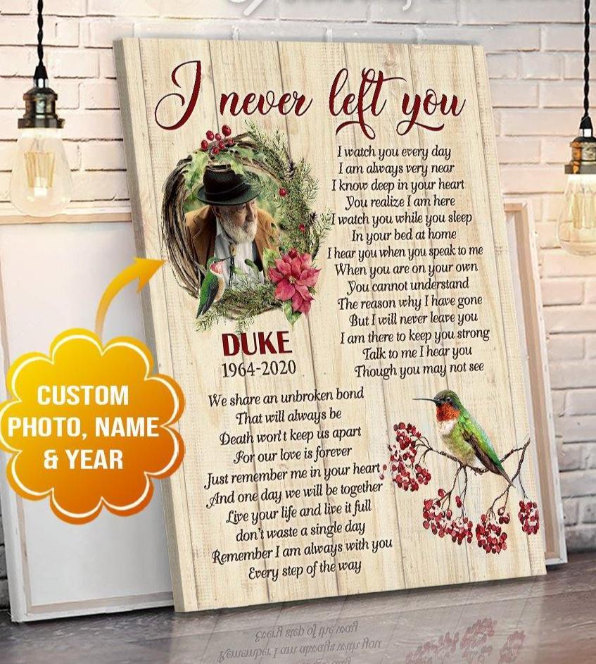 Personalized Photo Upload Name Date Canvas, Poster Sympathy Hummingbird Wall Hanging I Never Left You