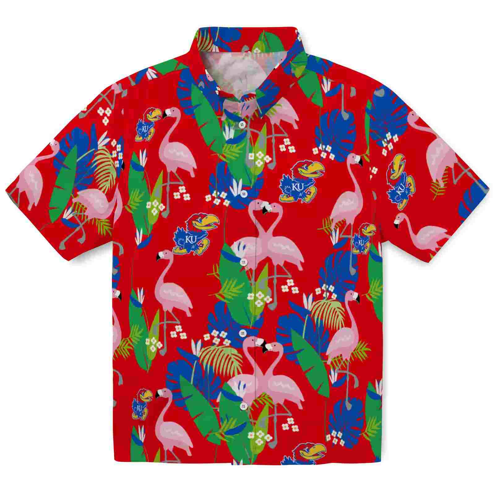 Kansas Jayhawks Flamingo Foliage Blue Green Hawaiian Shirt