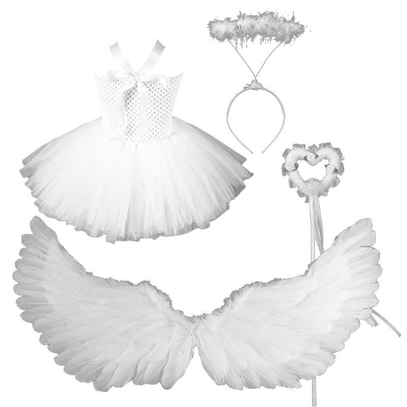 Toddler Girls Angel Costume Set White Tutu Dress Feather Wings Headband Wand alx