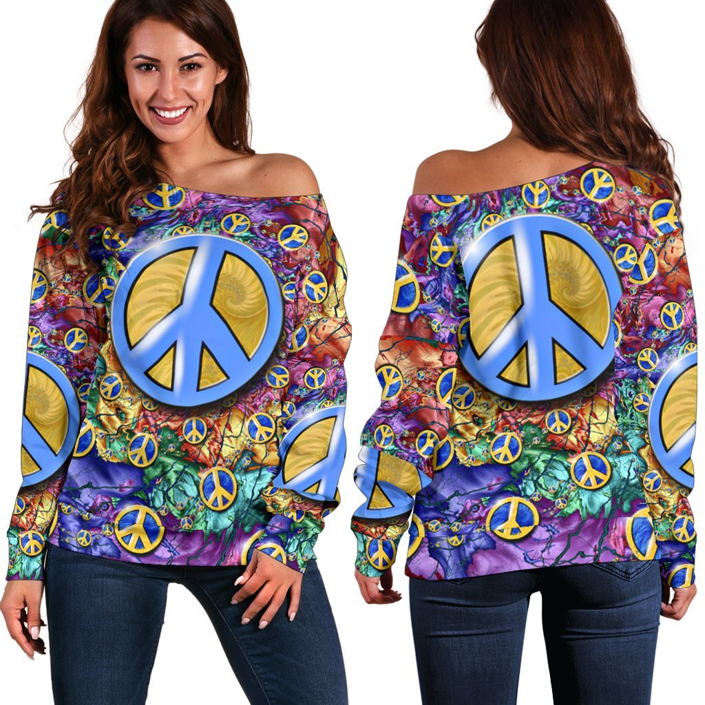 Blue Hippie Symbol Of Peace Shoulder Sweater