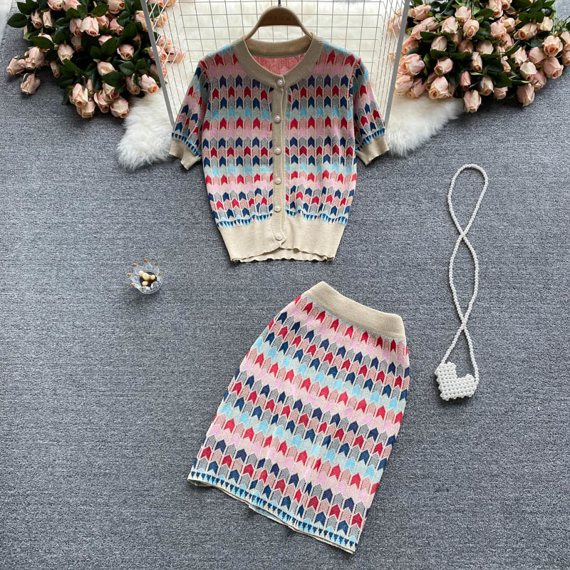 Buttons Plaid Knit Two Piece Set Women Short Sleeve Crop Sexy Sweet Winds Knitted Tops+Mini Skirts Spring Summer Suits Outfits alx