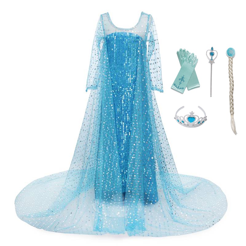 VOGUEON Hot Sale Girls Elsa Party Dress Kids Sequin Deluxe Blue Fancy Princess Costume Kids Pageant Party Gown with Long Train alx