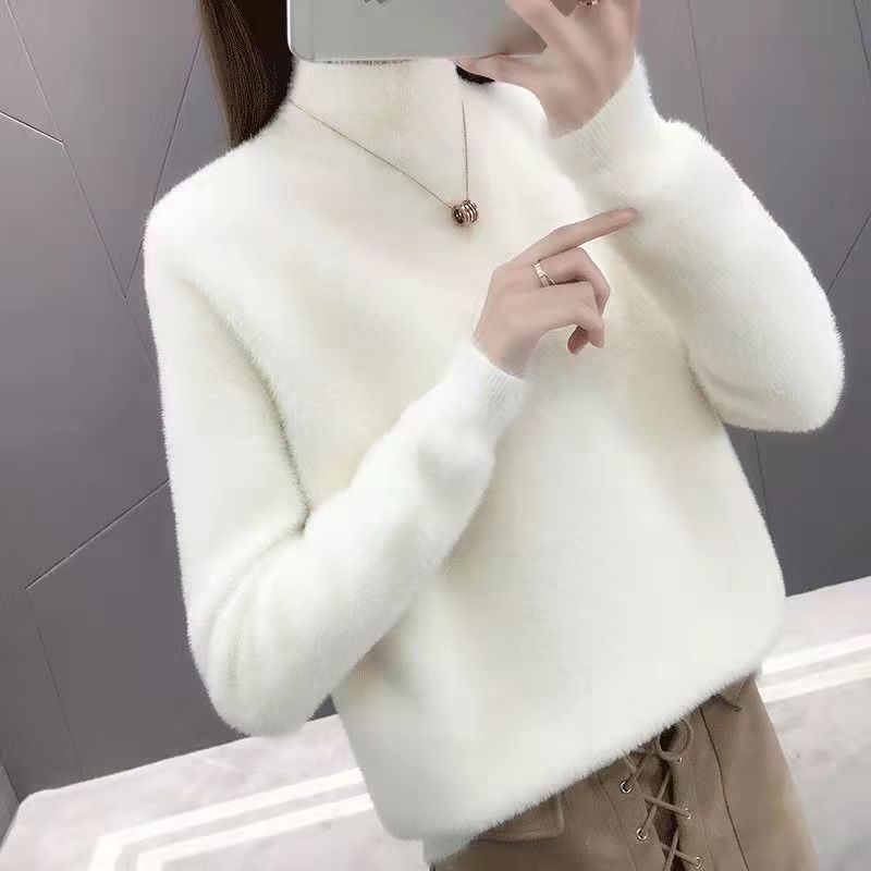 2021 Winter New Half High Collar Solid Color Knitted Bottoming Shirt Imitation Mink Velvet Pullover Fashion Ladies Sweater Зима alx