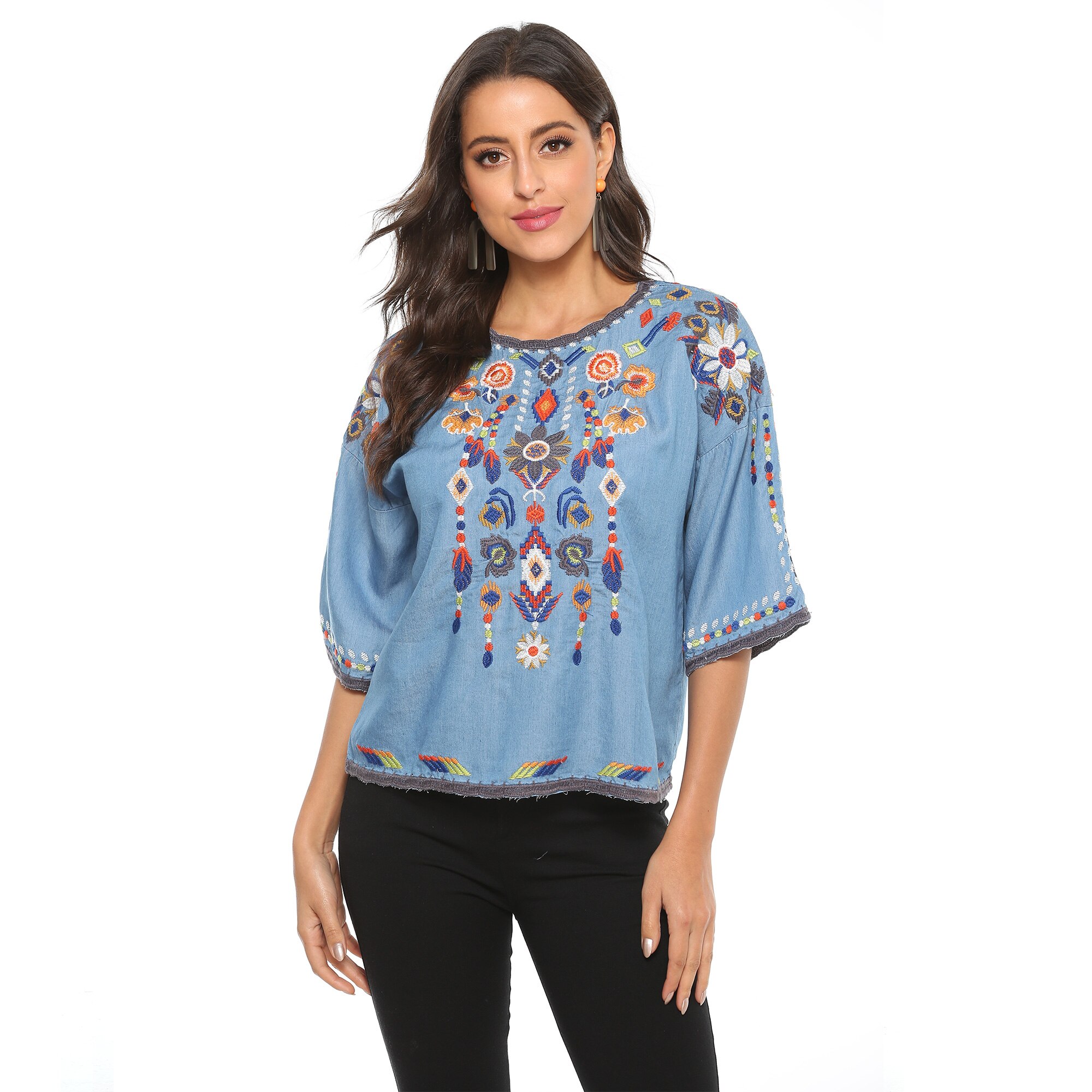 Eaeovni Women’s Summer Boho Embroidered Mexican Shirts long Sleeve Casual Tops Blouse Denim Peasant Blouse alx