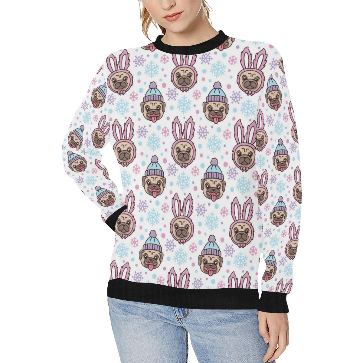 Cute pug hat rabbit costume pattern Women’s Crew Neck Sweatshirt